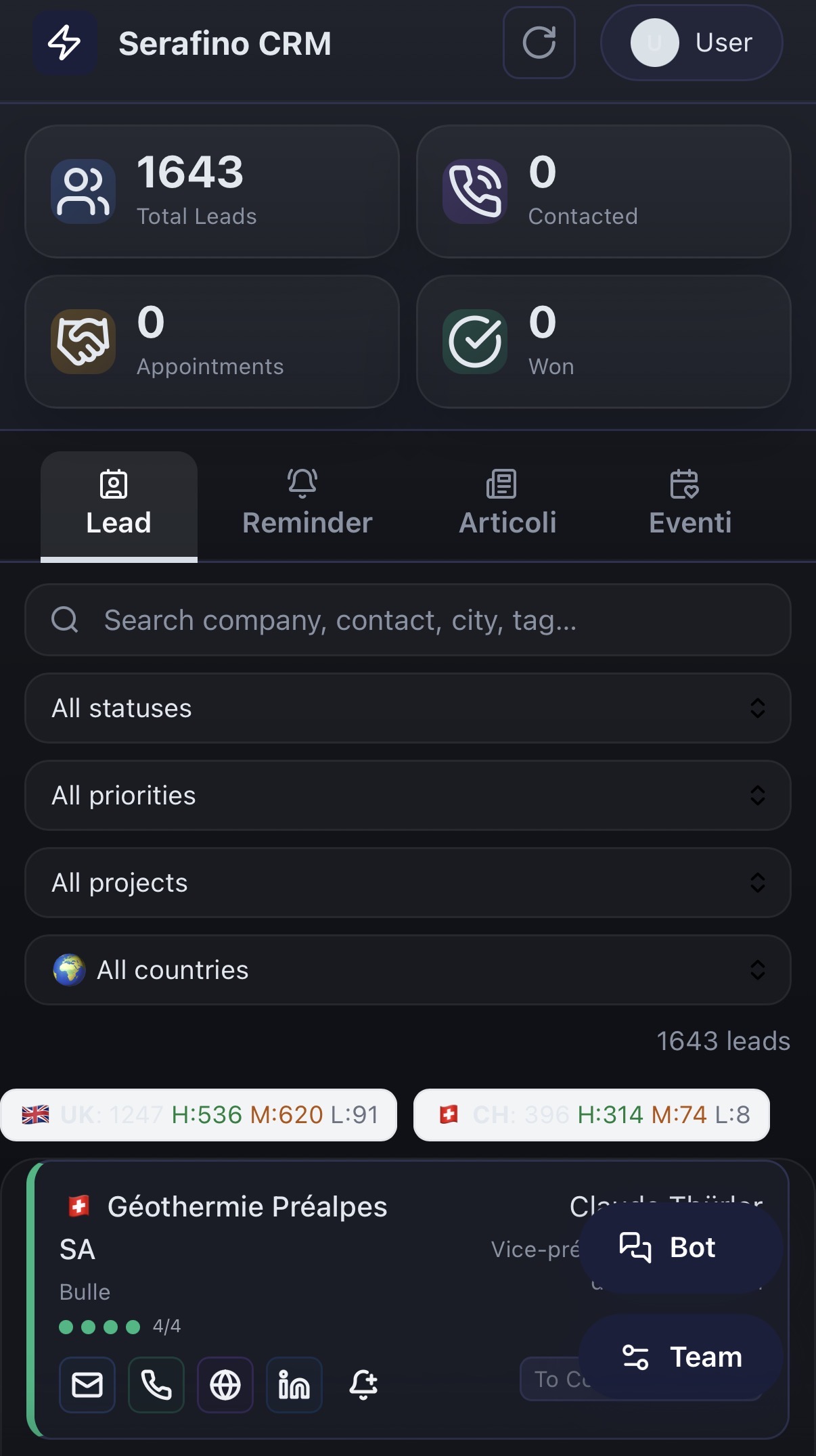 CRM Planeto — interface mobile